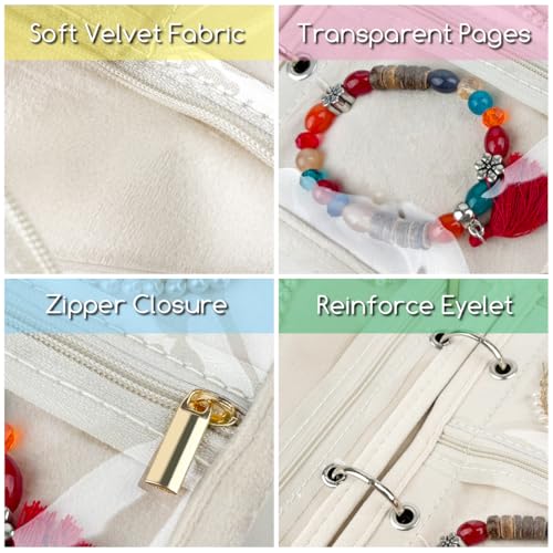 Travel Jewelry Organizer Case,Small Jewelry Bags Jewelry Storage Book Ring Binder with Clear Zipper Velvet Pouch for Traveling - color: Beige