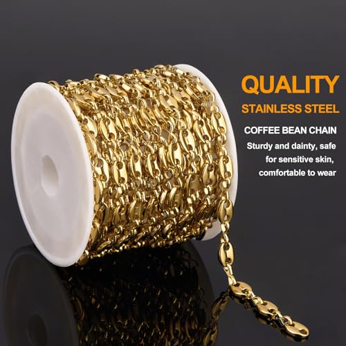 KYUNHOO 13FT/4M Gold Plated Chain for Jewelry Making Coffee Bean Link Craft Supplies Stainless Steel Chains Spool for Women DIY Handcrafts - color: Coffee Bean Gold