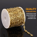 KYUNHOO 13FT/4M Gold Plated Chain for Jewelry Making Coffee Bean Link Craft Supplies Stainless Steel Chains Spool for Women DIY Handcrafts - color: Coffee Bean Gold