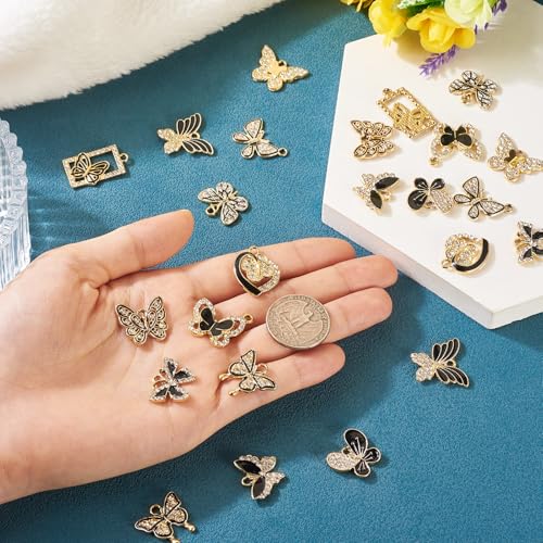 Craftdady Crystal Rhinestone Pendants Butterfly Heart Rhombus Bowknot Earring Charms Alloy Enamel Metal Pendants Light Gold Bracelet Charms for DIY Craft Necklace Jewelry Making - color: Black Butterfly