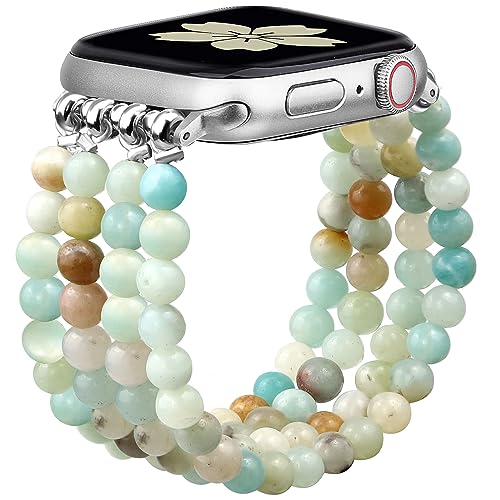 Newlibery Natural Stone Bracelet Beaded-Bands Women Compatible with Apple Watch 38mm 40mm 41mm 42mm (S10/11) Feminine Cute Handmade Stretch Strap for iWatch Series 11/10/9/8/7/6/5/4/3/2/1 SE 3/2/1 - color: A3 Light green and white, size: 38/40/41/42mm(S10