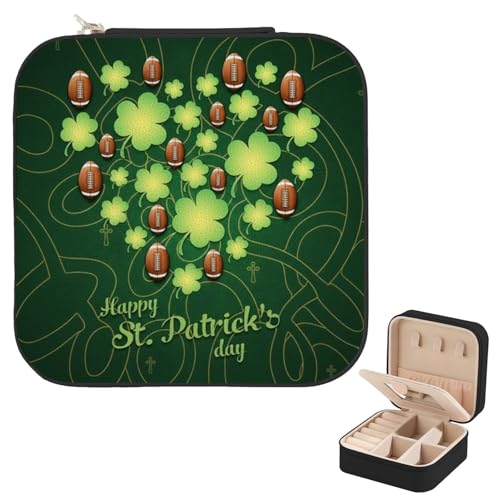 Happy St Patricks Day Clovers And Football Small Jewelry Case, Portable Jewelry Box With Mirror, Lucky Green Shamrocks Spring Gifts For Earrings Ring Necklaces Bracelets Storage Holder - color: Happy St Patricks Clovers