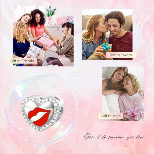 S925 Bead Dangle Charms for Bracelets Necklaces, Compatible with Pandora - style: Kiss and Lip Heart Charm