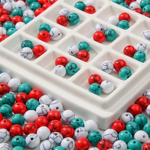 8mm Turquoise Beads 190pcs Christmas Natural Stone Gemstone Bead Round Loose Beads for DIY Crafts Bracelet Necklace Earrings Jewelry Making (Green&red) - color: green&red
