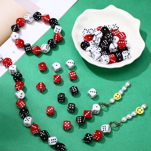 Ferreve 90 Piece Acrylic Dice Beads 10mm Dice Beads Bulk, Casino Games Birthday Party Supplies, Jewelry Making, Bracelet Necklaces Lanyard DIY Handicrafts(Red, Black, White) - color: Red, Black, White
