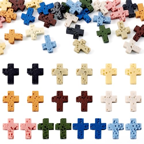 40Pcs Cross Beads for Jewelry Making Cross Lava Rock Stone Beads Small Gemstone Volcanic Lava Rock Bead Gemstone Crucifix Bracelet Charms for Women Men Bracelet Jewelry Making - color: Lava Rock-Multicolor