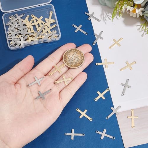 UNICRAFTALE about 60Pcs 2 Colors Stainless Steel Cross Connector Charms Links Easter Theme Crucifix Cross Charms Double Hole Sideways Cross Links Pendants for Bracelet Necklace Jewelry Making 23mm