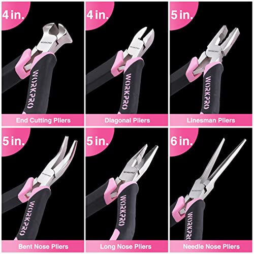 WORKPRO 6-Piece Mini Pliers Set, Needle Nose, Long Nose, Bent Nose, Diagonal, End Cutting and Linesman, for Crafts Work, Electronic Repair, with Pouch - Pink Ribbon - color: Pink
