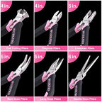 WORKPRO 6-Piece Mini Pliers Set, Needle Nose, Long Nose, Bent Nose, Diagonal, End Cutting and Linesman, for Crafts Work, Electronic Repair, with Pouch - Pink Ribbon - color: Pink