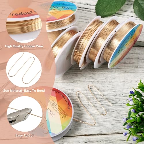 PH PandaHall Pandahall 6 Sizes Light Gold Copper Jewelry Wire Tarnish Resistant Copper Craft Wire Thin Metal Bendable Wrapping Wire for Crafting Sculptures, 18/20/22/24/26/28 Gauge