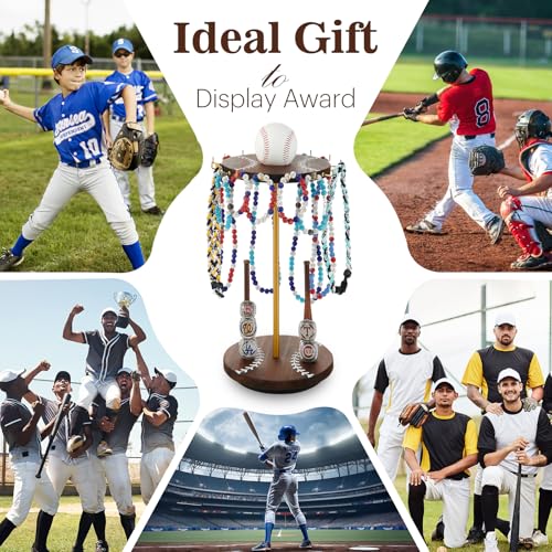 Pinzoveco Baseball Drip Necklace Organizer Holder,Rotating Baseball Display Stand with 14 Hooks, Championship Ring Display Holder, 360° Drip Necklace Championship Ring Holder Baseball Gifts - color: Carbonized Brown