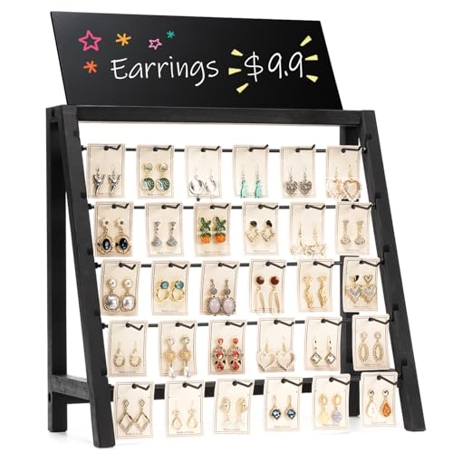 Poyilooo Jewelry Display for Vendors, 30 Hooks Wood Earring Bracelet Display for Vendors Selling with Adversitsing Board, Large Capacity Jewelry Display Holder Stands Rack for Earring Cards Keychain - color: Weathered Black