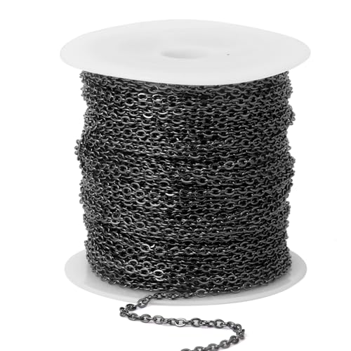 66 Feet Gunmetal Stainless Steel Cable Chains Bulk, 2.5 mm 304 Stainless Steel Black Flat Cable Links Chain Roll Spool for Jewelry Making DIY Craft - color: Black, size: 2.5mm width