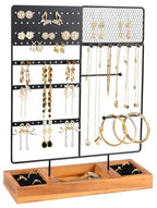 Jewelry Holder Organizer Stand, 4 Tier Earring Organizer with 84 Holes Ear Stud, Jewelry Display with Earring Necklace Bracelet Holder, Jewelry Organizer Holder with Wood Basic stand (Black+Brown) - color: Black+Brown