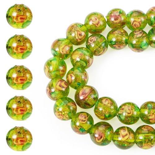 Cheriswelry 40Pcs/Strand Handmade Lampwork Round Glass Beads 10mm Gold Sand Flower Lampwork Spacer Beads for DIY Bracelet Necklace Earring Jewelry Making Accessory (Olive Drab) - color: Olive Drab