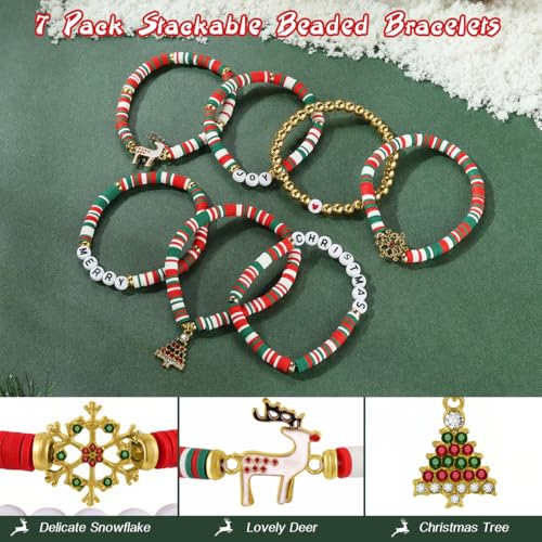 Emibele Colorful Stretch Bracelet Stack Boho Beaded Bracelet Set Heishi Surfer Bracelet Stackable Y2K Trendy Jewelry Friendship Multiple Set Women Fans - style: Red & Green 7PCS