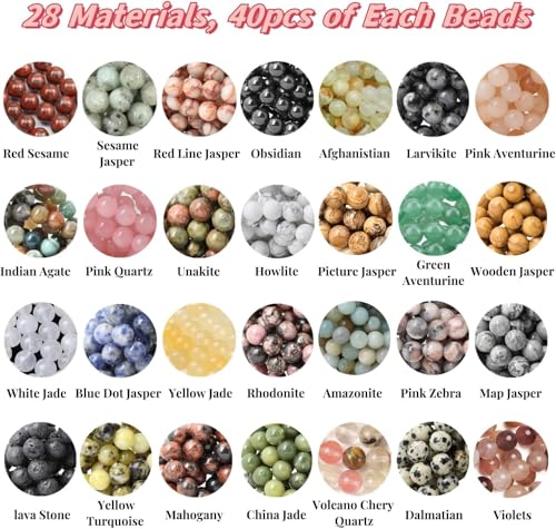 1120pcs Natural Stone Beads Polished Beading 6mm Loose Beads Gemstone Crystal Energy Stone Healing Power for DIY Jewelry Making (6mm 28 Materials A) - color: 28 Materials A, size: 6mm