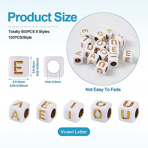 FASHEWELRY 500Pcs Acrylic Cube Vowel Letter Beads Gold Letter Beads 6mm Square A/E/I/O/U Initial Alphabet Beads Friendship Bracelet Letter Beads for Jewelry Making - color: 00-A/E/I/O/U-Gold, size: 6x6x6mm