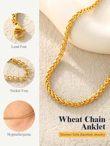 U7 Women Girls Barefoot Jewelry 18K Gold or Rose Gold Stainless Steel Heart/Rope/Figaro/Cuban Chain Anklet Foot Bracelet, 25-30 CM Long - color: Gold Plated-3mm-Wheat Chain