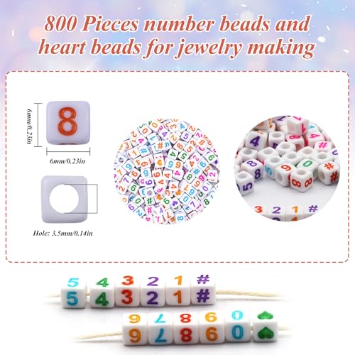 800Pcs Square Number & Heart Beads, 6x6mm Acrylic Beads for Friendship Bracelets - color: Number and Heart Beads
