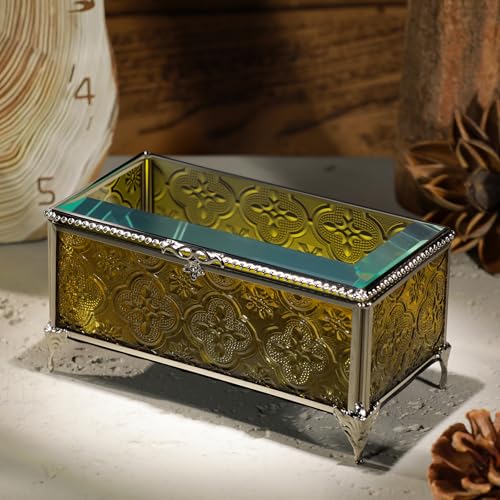 Glass Vintage Jewelry Box Keepsake storage Trinket Ring Display Box Home Decor Embossed Clear Glass Box Organizer(6.5x3.5x3.3Inches) - color: Brown