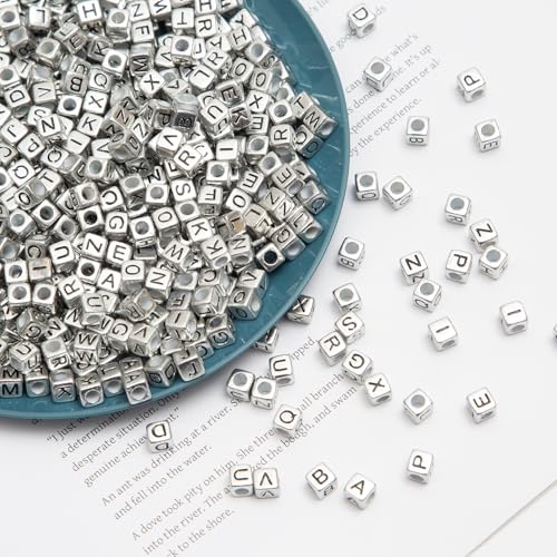 1000pcs Square Letter Beads for Bracelets, 6x6mm Silvery Cube Alphabet A-Z Beads for Jewelry Making Friendship Bracelets (Cube Silver) - color: 6x6mm silver