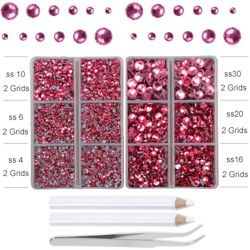 10000Pcs 2-Boxes Mixed Size Hot Fix Round Crystals Gems Glass Stones Hotfix Flat Back Rhinestones with Tweezers and Picking Pencil (Fuchsia) - color: Fuchsia, size: 2-Box (10000pcs)