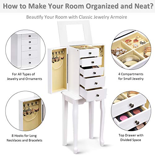 Giantex Jewelry Cabinet Armoire Box Storage Chest Necklace Stand Organizer - color: White