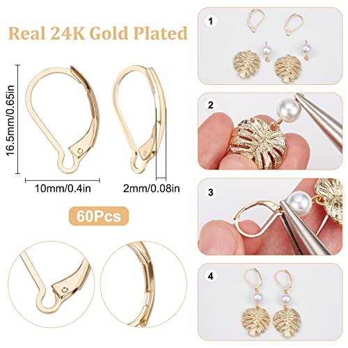 SUNNYCLUE 1 Box 60Pcs Real 24K Gold Plated Leverback Earring Findings French Earring Hooks 16.5x10mm Leverbacks Lever Back Earwires for Jewellery Making Women Adults DIY Dangle Earrings Supplies - color: 60pcs Real 24k Gold Plated Stainless Steel Leverbac