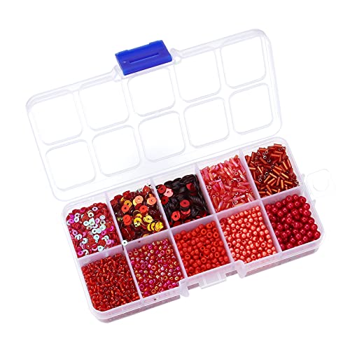 Assorted Bead for Jewelry Making, Glass Seed Bugle Tube Beads Loose Sequins Multiple Sizes for Crafts Sewing Jewelry Making - color: red