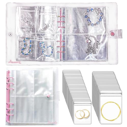 Travel Jewelry Organizer Book, High Capacity Clear Jewelry Storage Book with Portable Thick PVC Pouches,Jewelry Organizer Bags for Earrings Necklace and Rings - color: Clear Pink/30 PVC Pouches