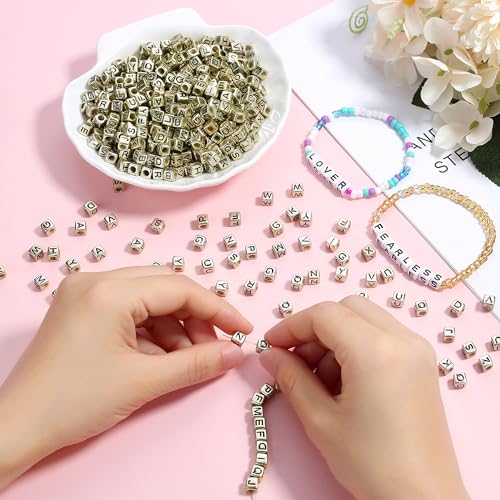 ZHIYUXI 1500pcs Acrylic Black Letter Beads - Gold Cube Friendship Bracelets Alphabet Beads for Crafts Jewelry Necklaces (6 x 6mm) - color: A# Black Letter Gold Beads