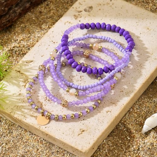 5Pcs Bohemian Multilayer Crystal Beads Stackable Bracelets Y2K Circle Disc Coin Pendant Colorful Beaded Elastic Stretch Bracelets for Women Boho Beach Vacation Holiday Jewelry Gift - color: Purple