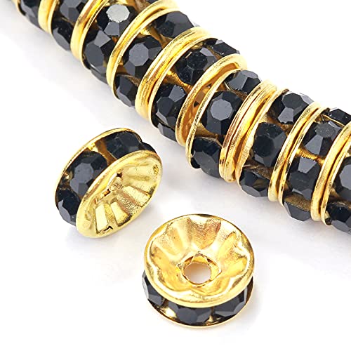 Weebee 100Pcs Rondelle Spacer Beads Crystal Charms Silver Plated Czech Rhinestone Loose Beads for Jewelry Making DIY Bracelets (Gold Black, 4mm) - color: Gold Black, size: 4mm