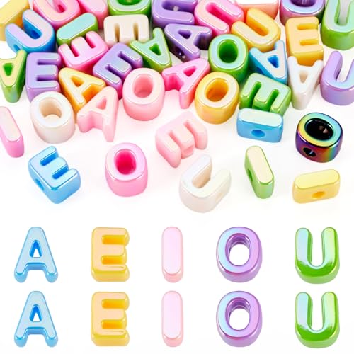 40Pcs Bubble Vowel Letter Beads Chunky Alphabet Large Beads UV Plating Rainbow Big Initial Bead for Keychains Paracord Necklace Jewelry Making Bag Charm - color: UV Plating, Vowel
