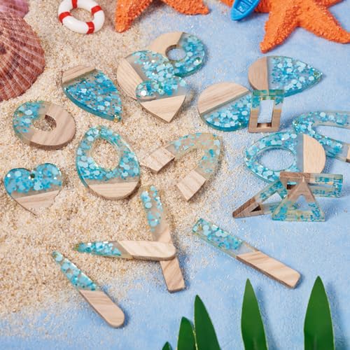 Beadthoven Sea Blue Charms for Earrings Making, 20pcs/10 Pairs Resin Wood Pendants DIY Women Necklace Wooden Pendants Supplies for Jewelry Making Bookmarks Ornaments Dangle Crafts - color: Blue Sequins