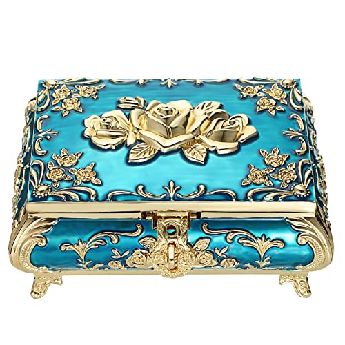 Hipiwe Metal Decorative Jewelry Box Vintage Treasure Chest Case Ornate Trinket Organizer Earrings Necklace Bracelet Storage Box Ring Holder Keepsake Box for Women - color: Blue, size: Large