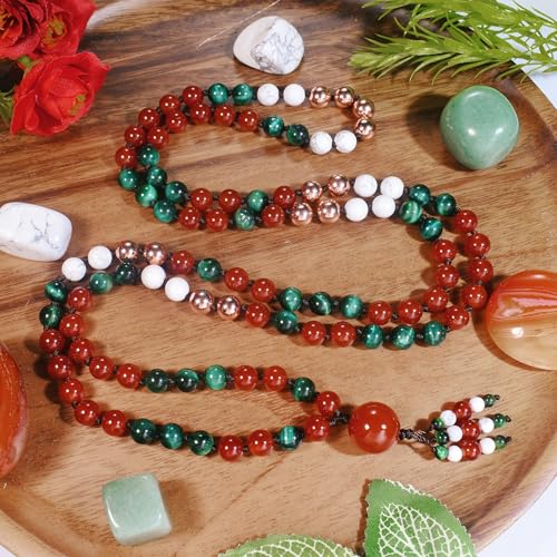108 Mala Beads Genuine Semi-Precious Gemstone Hand Knotted 8MM Prayer Beads Long Multicolor Necklace 40 Inches - style: christmas