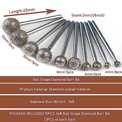 1/8 Shank Diamond Grinding Burr Drill Bit Ball Shape Diamond Rotary Bit,15pcs 36# Course Burrs Set Mounted Points Bit Universal Fitment Rotary Tool for Stone Carving, DIY,Polishing, Engraving