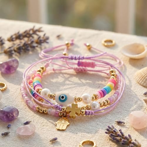 Evil Eye Heart Charm Stackable String Rope Colorful Beaded Bracelets Set For Women, Boho Handmade Adjustable Protection Lucky Gold Jewelry, Daily Party Friendship Gift - color: Purple Pink