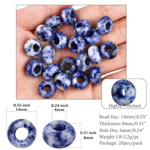 20Pcs Natural Blue Sodalite Large Hole Beads, 8x14mm Rondelle Gemstone Spacer Beads 6mm Big Hole for Jewelry Making, Beading Bracelets, Macrame & Hair Braiding - color: Blue Sodalite