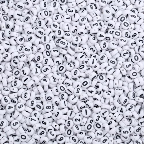 LAIDANLA 1000PCS Acrylic Number Beads Black Number White Round Bead 7×4mm for Jewelry Bracelets Necklaces Key Chains Making - color: T-Black Number White Beads