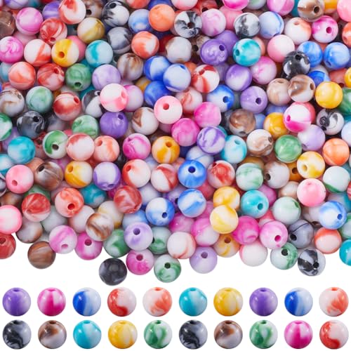 500Pcs Round Pattern Beads 8mm Acrylic Beads Ball Opaque Colorful Assorted Ink Smooth Small Marble Swirls Loose Spacer Bead for Jewelry Making Bracelets Necklaces Earrings Supplies Adult