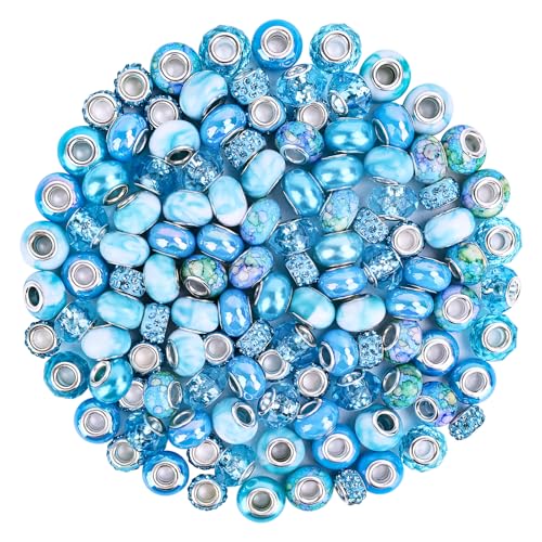 120pcs European Large Hole Beads, Assortments Charm Lampwork Murano Spacer Craft Beads for DIY Charms Bracelet Necklace Earring Jewelry Making Supplies(Blue) - color: Blue