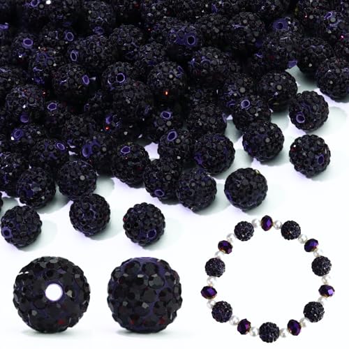 Dowarm 110PCS 10MM Rhinestone Beads for Jewelry Making, Round Rhinestone Clay Beads for Crafts Bracelet Baseball Necklace Beaded Pen, Polymer Shamballa Pave Disco Diamond Bead - color: 09-Dark Purple | Amethyst, size: 10MM