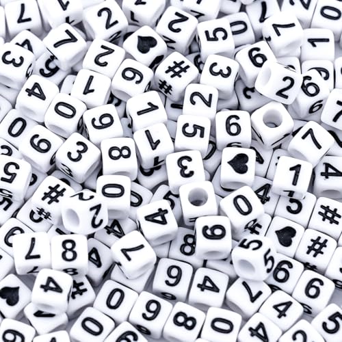 800Pcs Square Number and Heart Beads, 6X6mm White and Black Acrylic Beads for Friendship Bracelets Making - color: Black Number White Beads