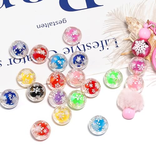 15Pcs Acrylic Beads Round 16mm UV Bead in Bead with Snowflake Print Fit for DIY Jewelry Bracelet Necklace Keychain Beadable Pens Mobile Phone Chain Making Cute (Snowflake-Mixed Color) - color: Snowflake-Mixed color