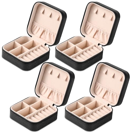 Neveika Portable Travel Mini Jewelry Box Leather Jewellery Ring Organizer Case Storage Gift Box Girls Women (4pcs black). - color: black
