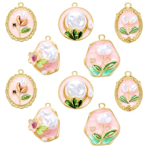 Flower Charms 18K Gold Plated Brass Enamel Charms Vintage Floral Pendants for Bracelet Earring Necklace - color: Pink Series B