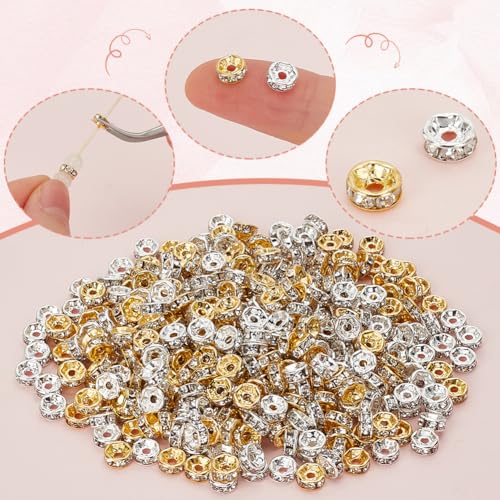 1 Box 400Pcs Rhinestone Spacer Beads 6mm Rondelle Spacer Bead Bulk Silver Plated Brass Grade A Crystal Rhinestones Round Metal Spacers Loose Beads for Jewelry Making Bracelets DIY Craft Women - style: Style 1